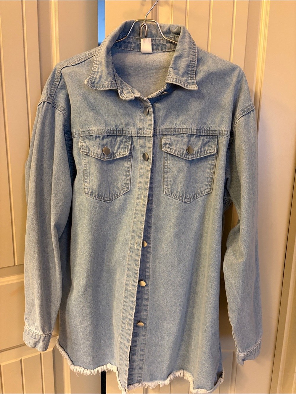 Light Wash Denim shirt Jacket with Frayed Hem